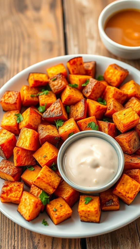 Crispy golden sweet potato cubes served on a plate, garnished with herbs, on a rustic wooden table.
